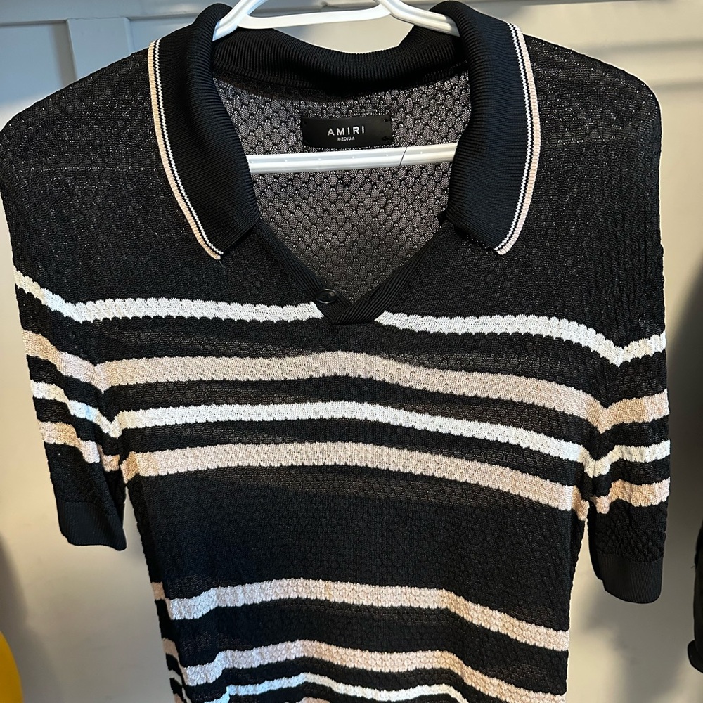 Amiri Black and White Striped Polo Shirt